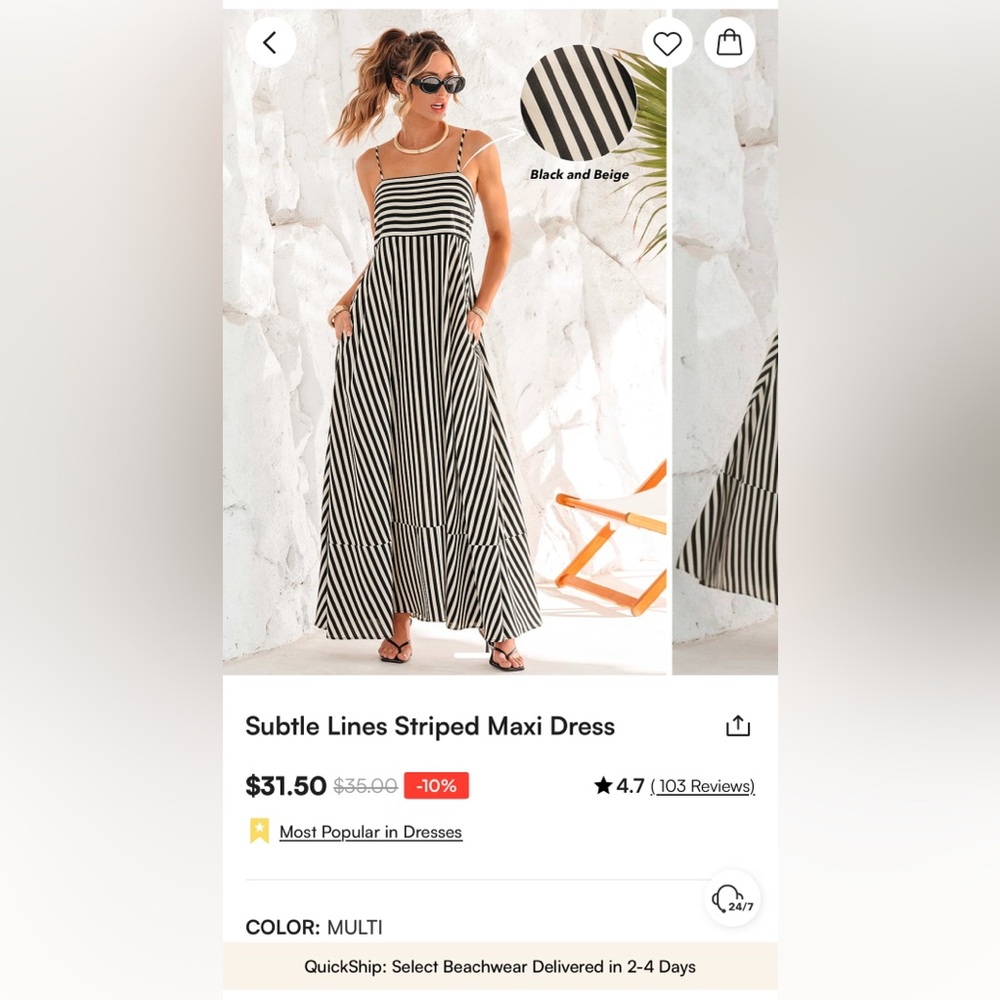 Cupshe - Black and Beige Striped Maxi Dress MEDIUM